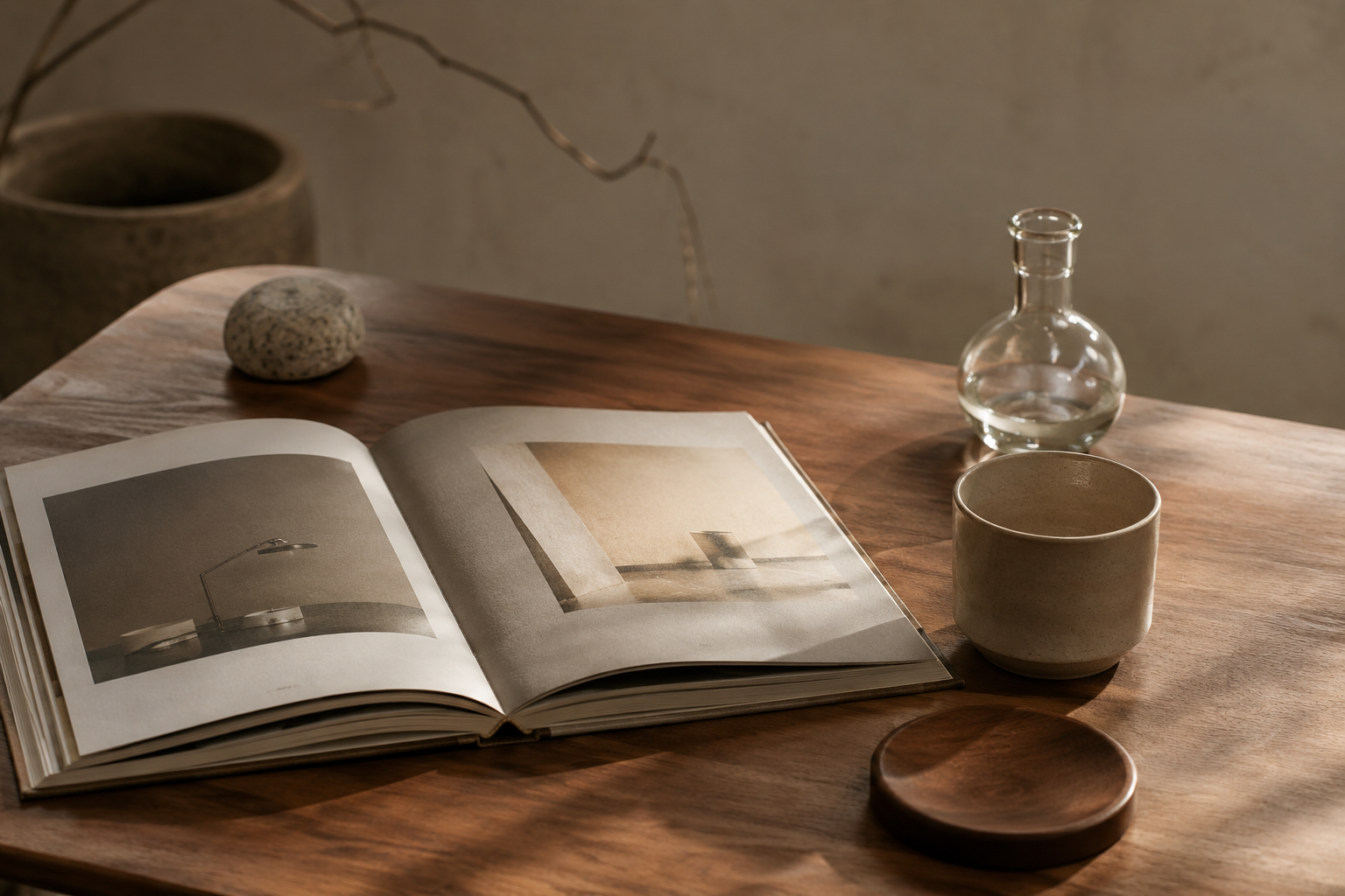 Open design book, ceramic cup, wooden object, and glass vessel on a warm wooden table